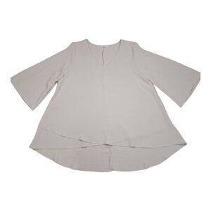 Jade By Jane Womens Poly Top V-Neck Bell Sleeve Beige Blouse Made In USA Size XL